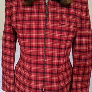 Ralph Lauren Red Plaid Jacket with Faux Fur Collar